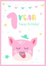 Kids doodles postcard with pig